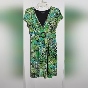 Sandra Darren Women's Green Multicolor Geometric Belted Dress - Size 8 Petite